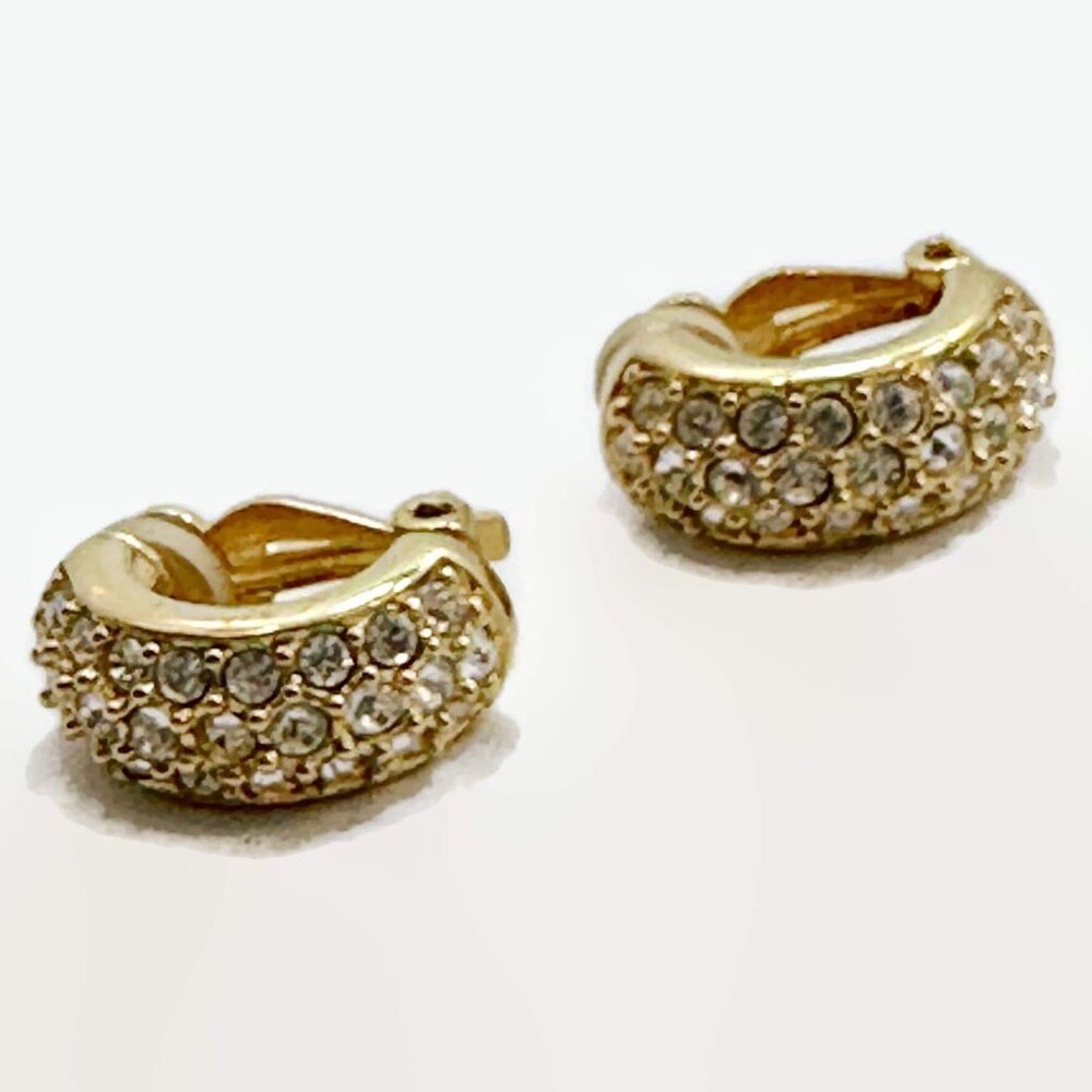 Swarovski Earrings, Pave Crystal, Huggies, Clip-Ons Gold Tone, Swan, Signed
